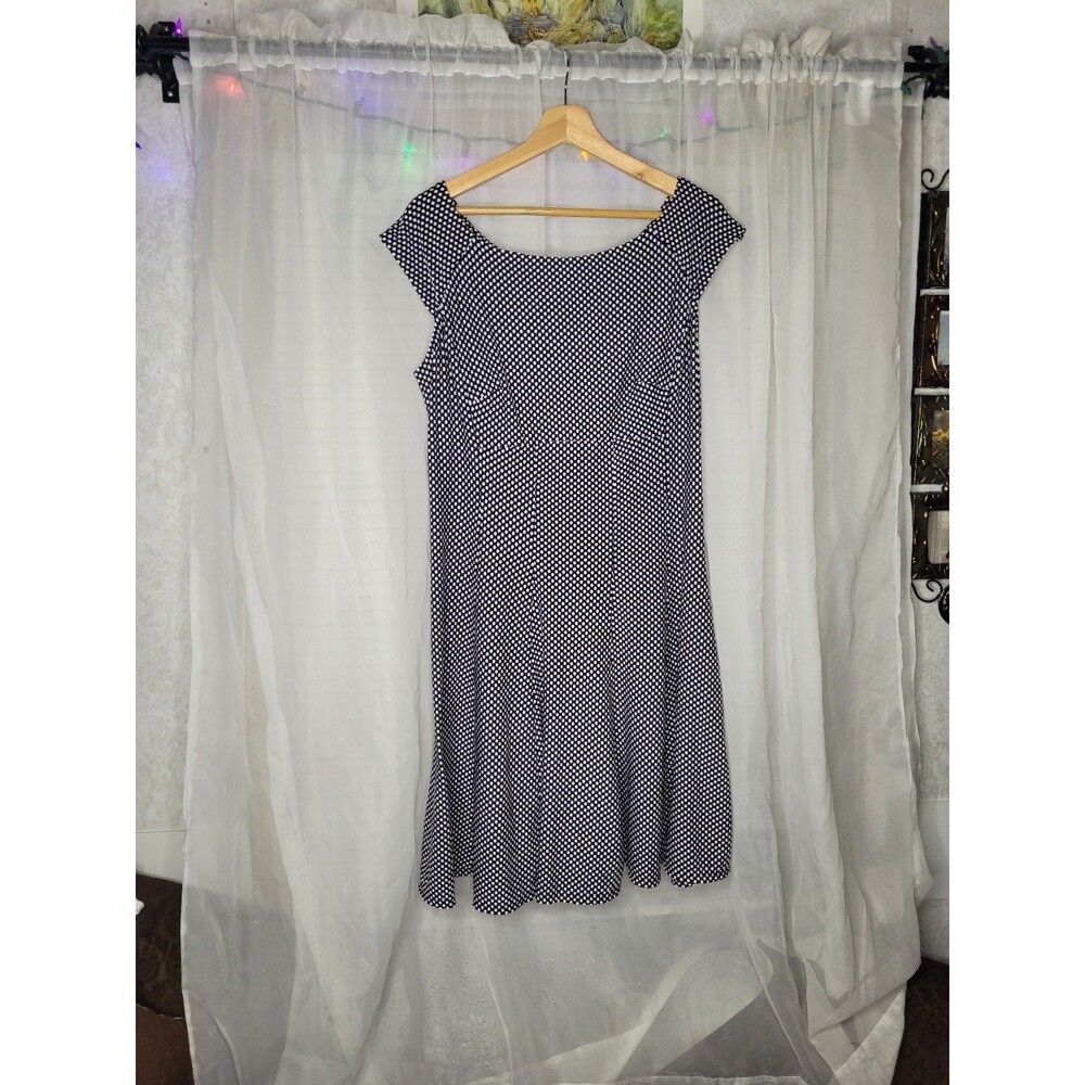 Polka Dot Mini Flowy Dress size 14 Navy Blue A-line Flare Timeless Chic Stretchy